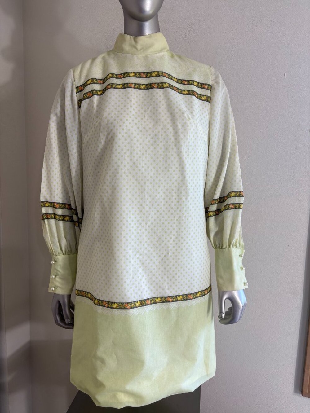 VTG 60s Young Edwardian Arpeja Mod Mock Neck Polka Dot Bishop Sleeve Mini Dress